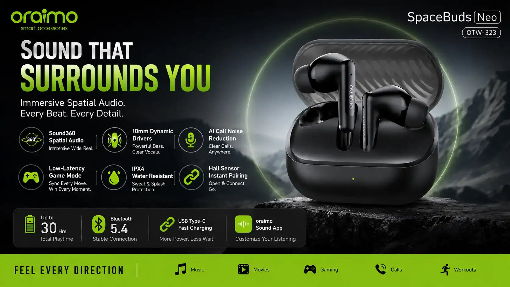 Oraimo SpaceBuds Neo OTW-323 True Wireless Spatial Audio Earbuds Oraimo SpaceBuds Neo OTW-323 True Wireless Spatial Audio Earbuds